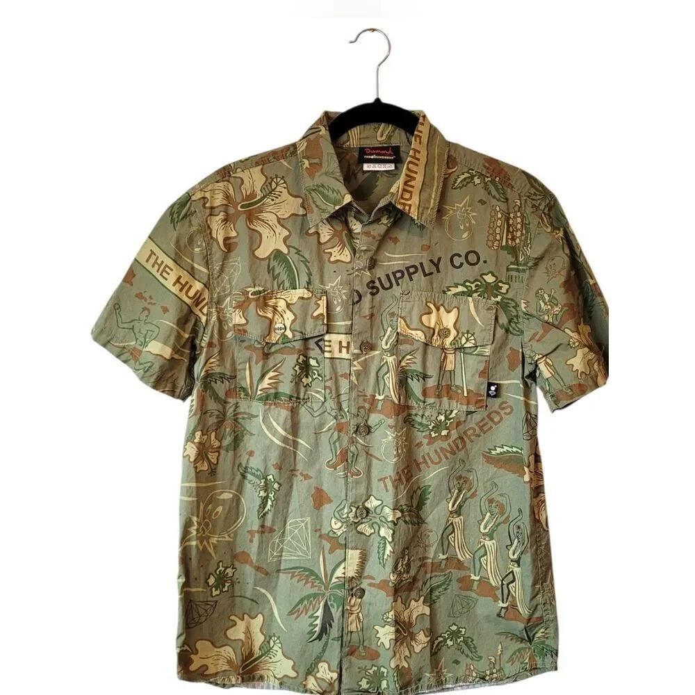 Diamond Supply Co X The Hundreds Olive and Tan Printed Short Sleeve Shirt Size M